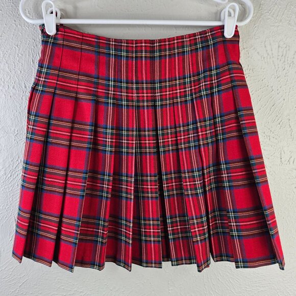 VTG Express Pleated Wrap Skirt Med Red Tartan Plaid Preppy Academia Grunge Mini - Picture 2 of 10